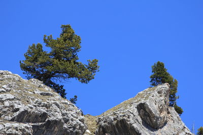 Low angle view of rock formation against clear blue sky