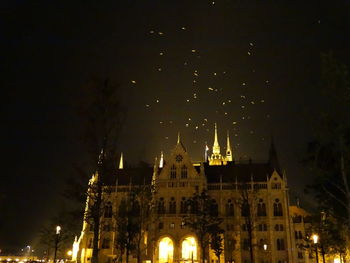 Low angle view of illuminated cathedral against sky at night