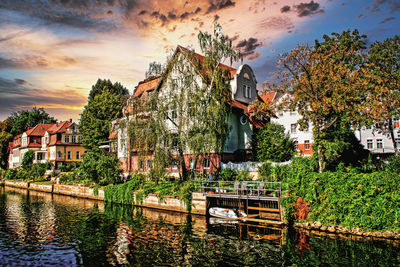 Plants and trees by lake against building during sunset