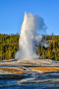 Old faithful geyser in upper geyser basin at yellowstone national park