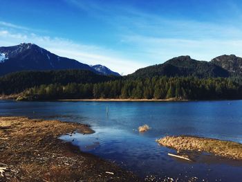 Scenic view of lake by mountains against sky