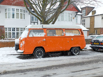 Vintage car on street during winter