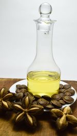 Close-up of yellow juice on table