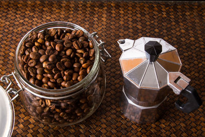 High angle view of coffee beans on table