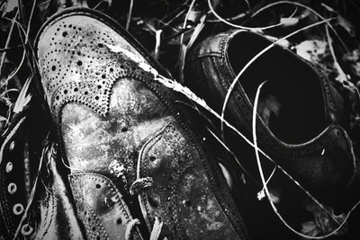 Close-up of shoes on tiled floor