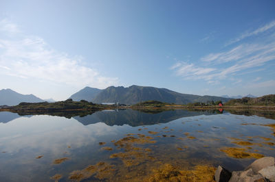 Scenic view of lake by mountains against sky