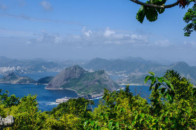 Scenic view of mountains and trees against sky