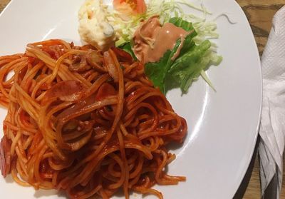 High angle view of food served in plate