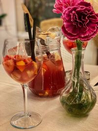 Close-up of wineglass on glass table