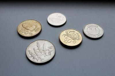 High angle view of coins on table