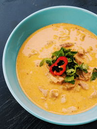 High angle view of soup in bowl