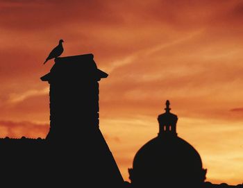 Silhouette of bird perching on statue against sky