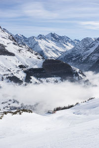 Scenic view of snow covered mountains against sky