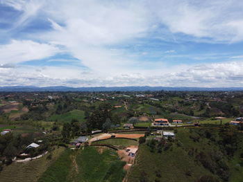 High angle view of buildings against sky