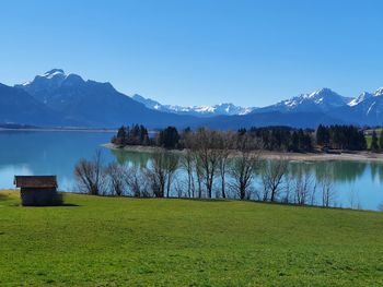 Scenic view of lake and mountains against sky