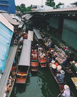 High angle view of people at floating market