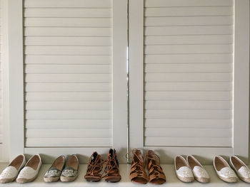 High angle view of shoes on floor against wall