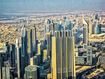 High angle view of modern buildings in city