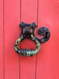 Close-up of closed door with traditional, rustic door knocker.