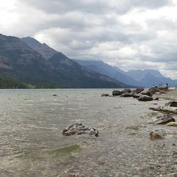 Scenic view of lake against cloudy sky