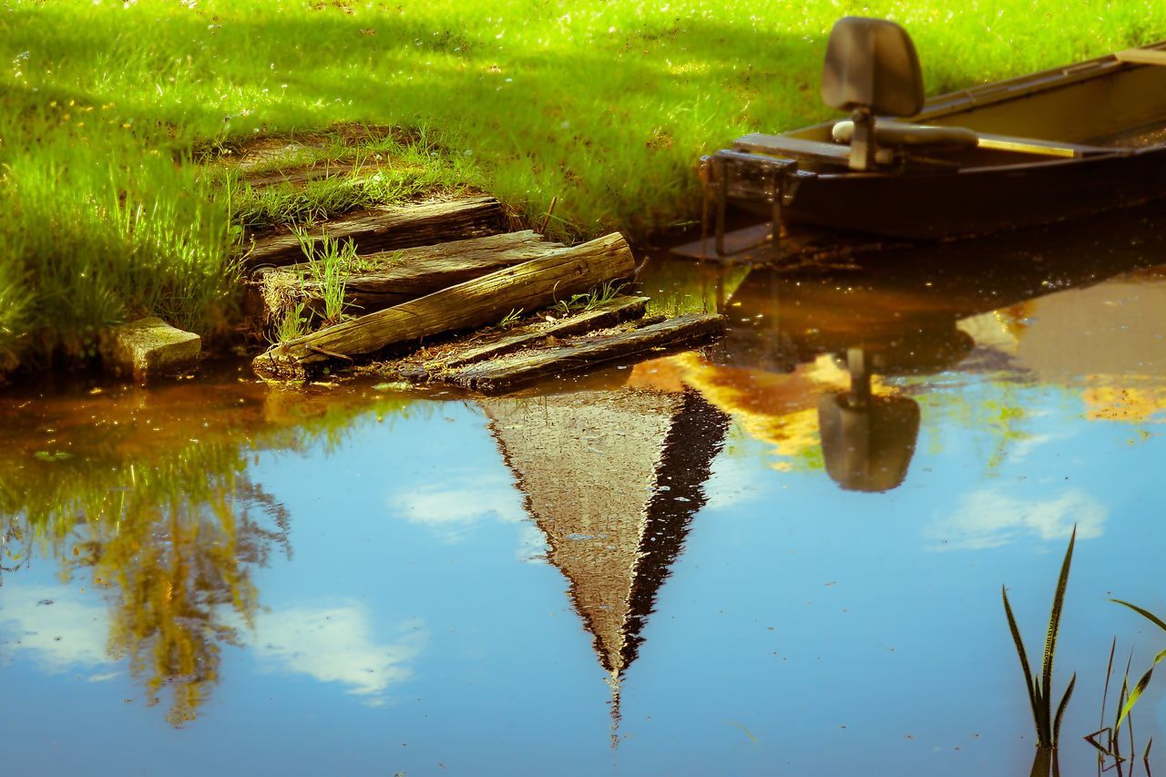 water, reflection, lake, pond, river, tree, day, standing water, built structure, waterfront, outdoors, nature, tranquility, high angle view, canal, leaf, plant, transportation, growth, architecture