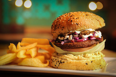 Close-up of burger on table