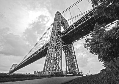 Low angle view of bridge against cloudy sky