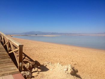 Scenic view of beach against clear blue sky