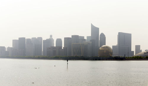 View of buildings in city against clear sky