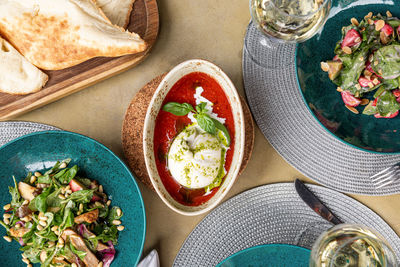 High angle view of meal served on table