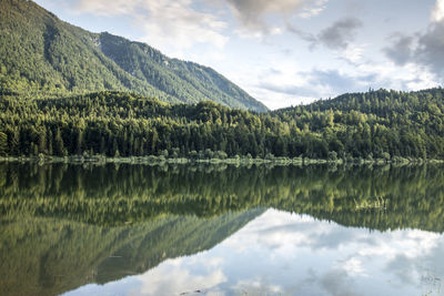 Scenic view of lake and mountains against sky