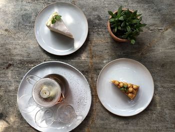 High angle view of breakfast served on table