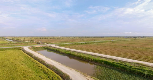 Scenic view of agricultural field against sky