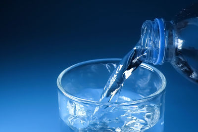 Close-up of water in glass against blue background