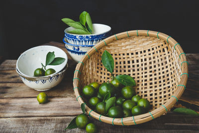 Close-up of fruits in basket on table