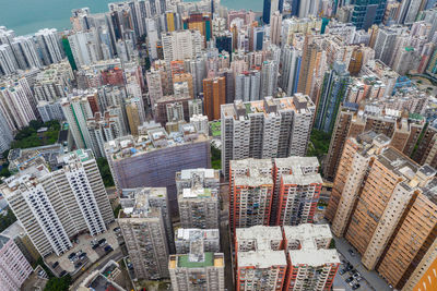 High angle view of modern buildings in city