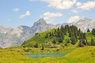 Scenic view of lake and mountains against sky