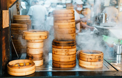 Close-up of food in wooden box on table