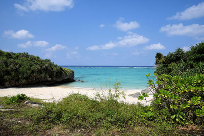 Scenic view of beach and sea against sky