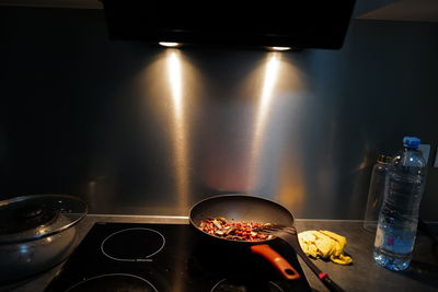 High angle view of cooking pan on table at home