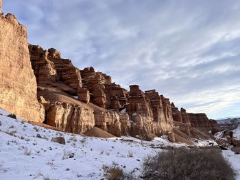 Rock formations on mountain against sky