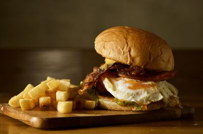 Close-up of burger on table