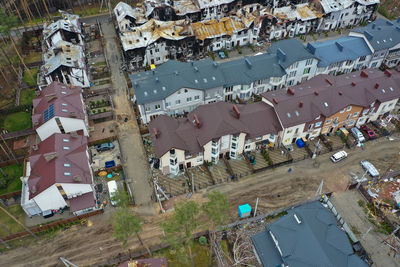 Top view of the destroyed and burnt houses. houses were destroyed by rockets from russian soldiers.