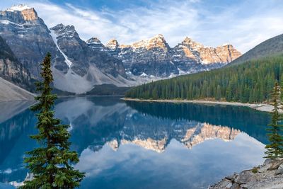 Scenic view of lake and mountains against sky