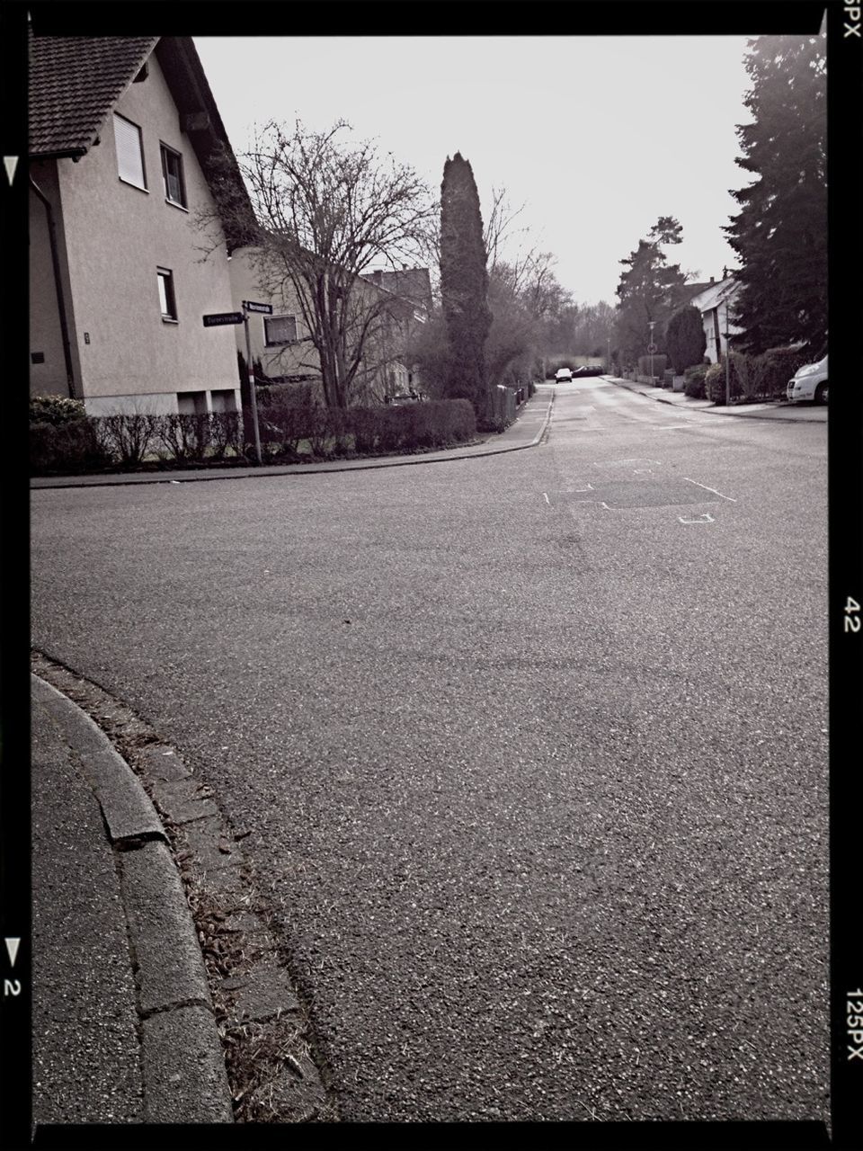 transfer print, building exterior, architecture, the way forward, built structure, street, auto post production filter, road, transportation, tree, asphalt, diminishing perspective, house, road marking, surface level, vanishing point, sky, outdoors, day, bare tree