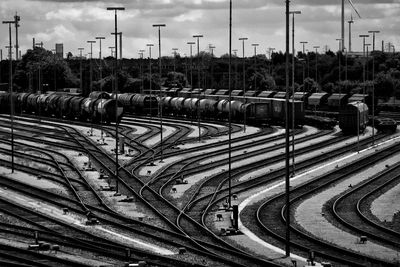 Trains on railroad tracks at shunting yard