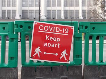 Close-up of road sign against building