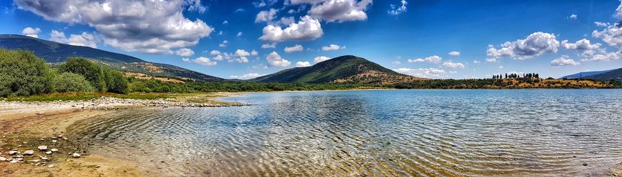 Panoramic view of lake and mountains against sky