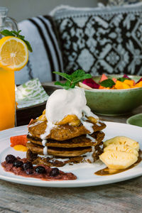 Close-up of dessert served on table