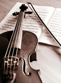 High angle view of piano on paper